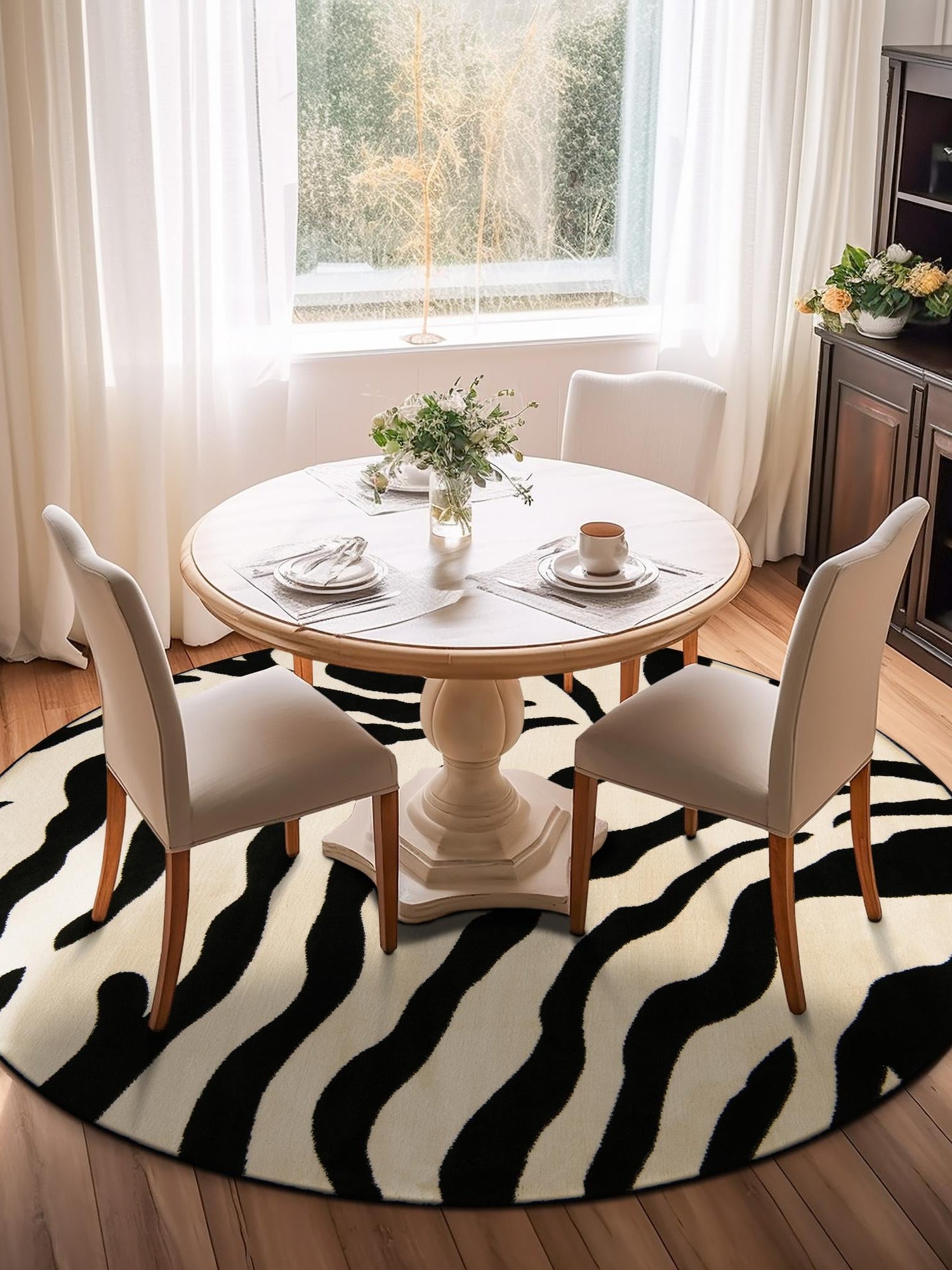 Ivory 7' 10 x 7' 10 Wildlife Round Area Rug Animal Print Safari Jungle Inspired Carpet for Unique Modern Interior Design for Sale at Rug Engine