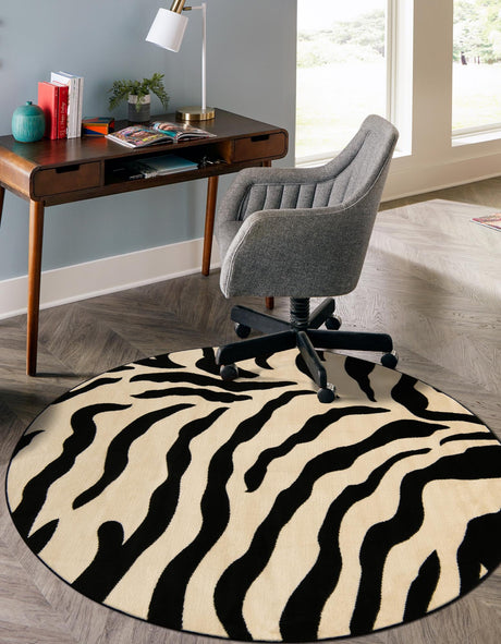 Ivory 4' 1 x 4' 1 Wildlife Round Area Rug Animal Print Safari Jungle Inspired Carpet for Unique Modern Interior Design for Sale at Rug Engine