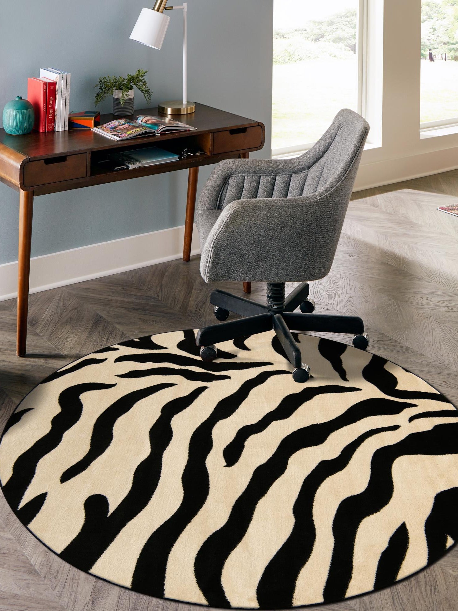 Ivory 7' 10 x 7' 10 Wildlife Round Area Rug Animal Print Safari Jungle Inspired Carpet for Unique Modern Interior Design for Sale at Rug Engine