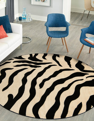 Ivory 4' 1 x 4' 1 Wildlife Round Area Rug Animal Print Safari Jungle Inspired Carpet for Unique Modern Interior Design for Sale at Rug Engine