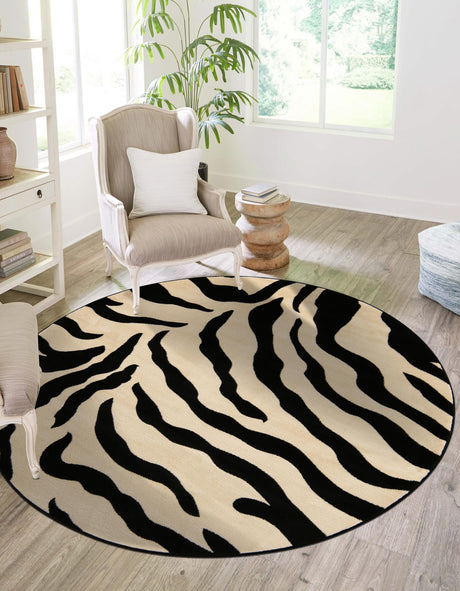 Ivory 4' 1 x 4' 1 Wildlife Round Area Rug Animal Print Safari Jungle Inspired Carpet for Unique Modern Interior Design for Sale at Rug Engine