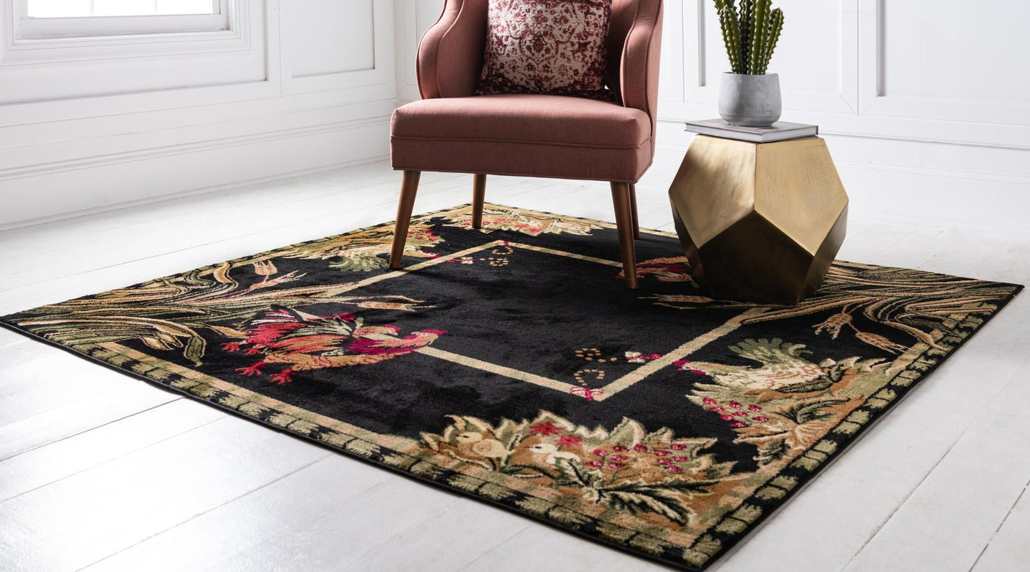 Black 3' 1 x 3' 1 Barnyard Square Area Rug 100% Polypropylene With Cotton Backing Traditional Cottage Rustic Classical Carpet for Living Office Bedroom Dining Room Easy to Clean Long Lasting & Durable Decor for Sale at Rug Engine