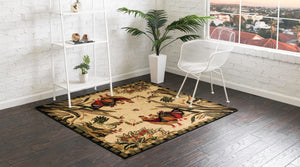 Cream 7' 10 x 7' 10 Barnyard Square Area Rug 100% Polypropylene With Cotton Backing Traditional Cottage Rustic Classical Carpet for Living Office Bedroom Dining Room Easy to Clean Long Lasting & Durable Decor for Sale at Rug Engine