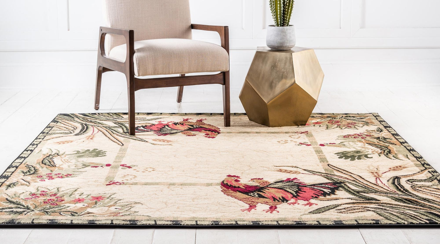 Cream 7' 1 x 7' 1 Barnyard Square Area Rug 100% Polypropylene With Cotton Backing Traditional Cottage Rustic Classical Carpet for Living Office Bedroom Dining Room Easy to Clean Long Lasting & Durable Decor for Sale at Rug Engine