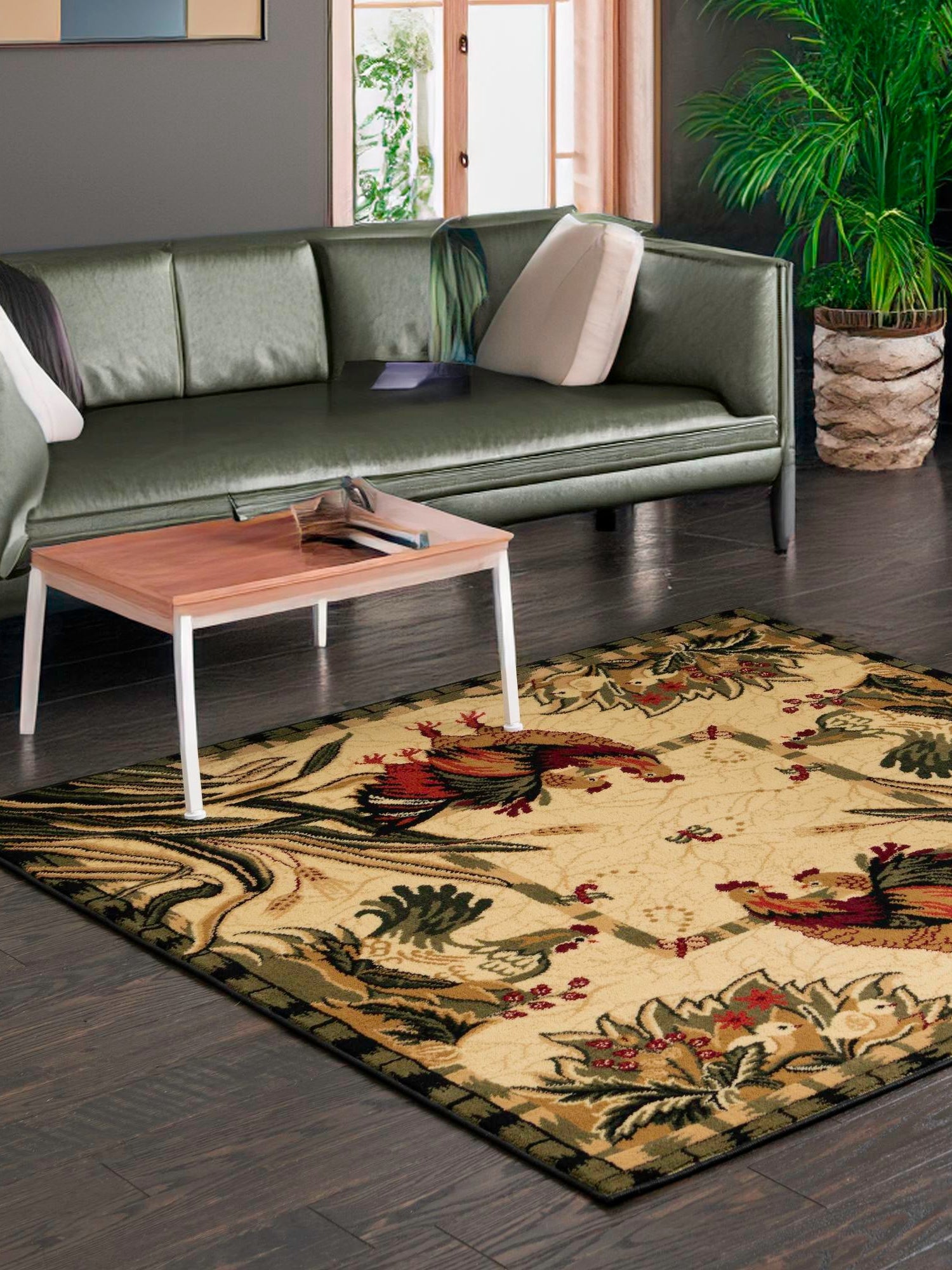 Cream 7' 10 x 7' 10 Barnyard Square Area Rug 100% Polypropylene With Cotton Backing Traditional Cottage Rustic Classical Carpet for Living Office Bedroom Dining Room Easy to Clean Long Lasting & Durable Decor for Sale at Rug Engine