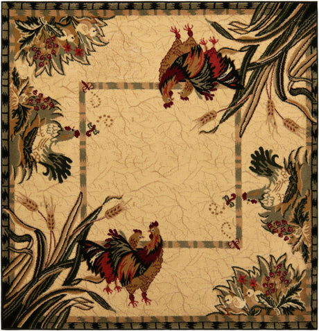 Cream 6' 1 x 6' 1 Barnyard Square Area Rug 100% Polypropylene With Cotton Backing Traditional Cottage Rustic Classical Carpet for Living Office Bedroom Dining Room Easy to Clean Long Lasting & Durable Decor for Sale at Rug Engine