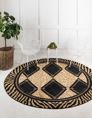 Light Brown 7' 10 x 7' 10 Wildlife Round Area Rug Animal Print Safari Jungle Inspired Carpet for Unique Modern Interior Design for Sale at Rug Engine