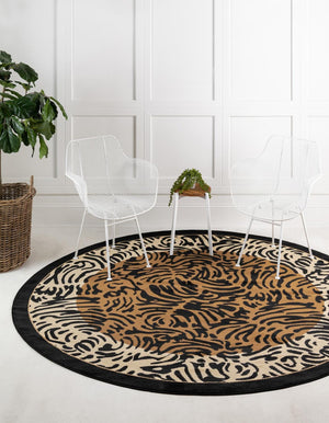 Light Brown 7' 10 x 7' 10 Wildlife Round Area Rug Animal Print Safari Jungle Inspired Carpet for Unique Modern Interior Design for Sale at Rug Engine