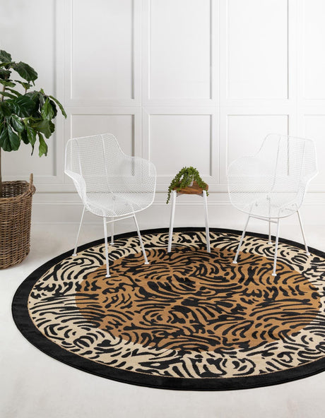 Light Brown 7' 10 x 7' 10 Wildlife Round Area Rug Animal Print Safari Jungle Inspired Carpet for Unique Modern Interior Design for Sale at Rug Engine
