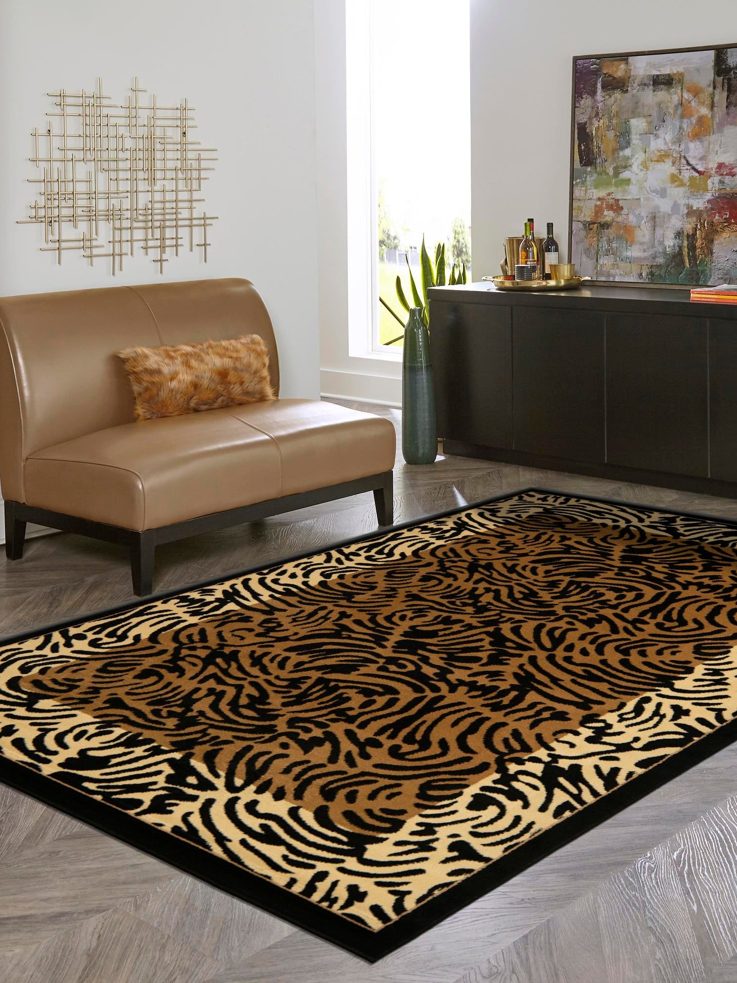 Light Brown 9' x 12' 2 Wildlife Rectangle Area Rug Animal Print Safari Jungle Inspired Carpet for Unique Modern Interior Design for Sale at Rug Engine