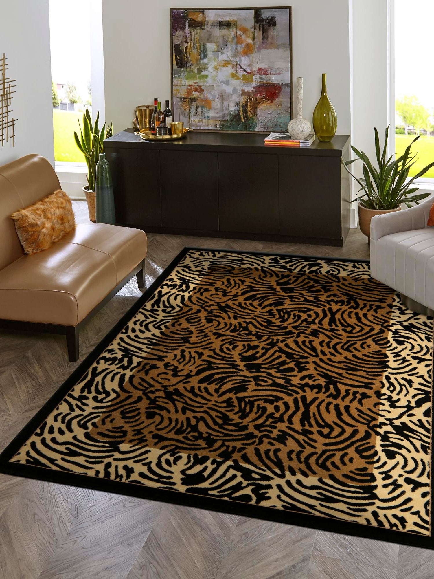 Light Brown 9' x 12' 2 Wildlife Rectangle Area Rug Animal Print Safari Jungle Inspired Carpet for Unique Modern Interior Design for Sale at Rug Engine