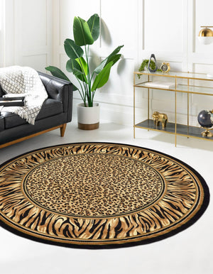 Light Brown 5' 3 x 5' 3 Wildlife Round Area Rug Animal Print Safari Jungle Inspired Carpet for Unique Modern Interior Design for Sale at Rug Engine