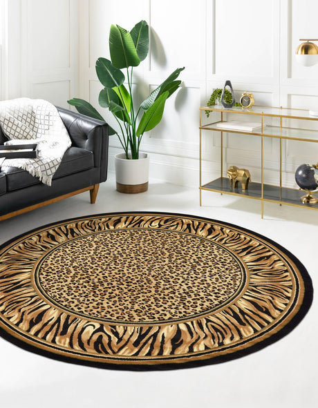 Light Brown 7' 10 x 7' 10 Wildlife Round Area Rug Animal Print Safari Jungle Inspired Carpet for Unique Modern Interior Design for Sale at Rug Engine