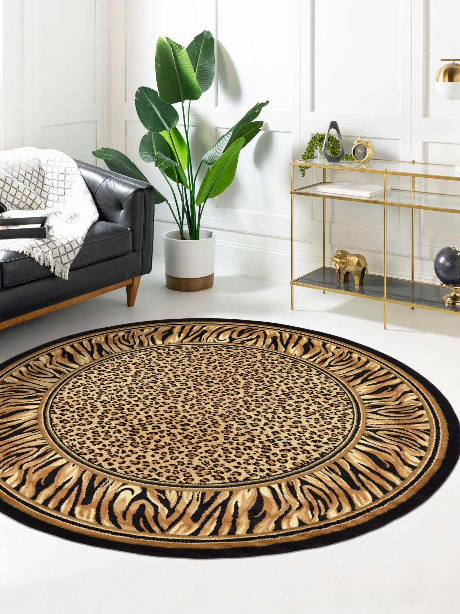Light Brown 6' 1 x 6' 1 Wildlife Round Area Rug Animal Print Safari Jungle Inspired Carpet for Unique Modern Interior Design for Sale at Rug Engine