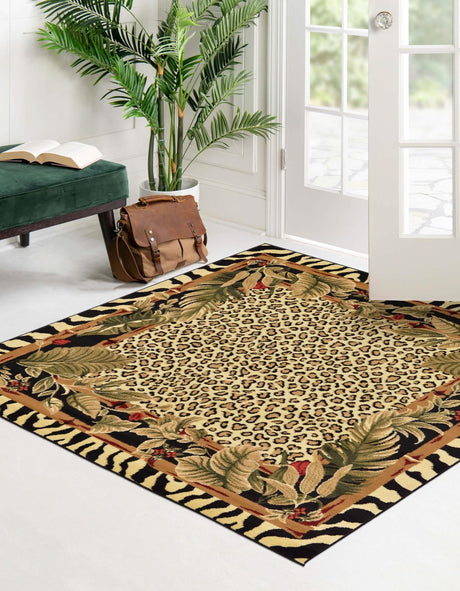 Cream 4' 1 x 4' 1 Wildlife Square Area Rug Animal Print Safari Jungle Inspired Carpet for Unique Modern Interior Design for Sale at Rug Engine