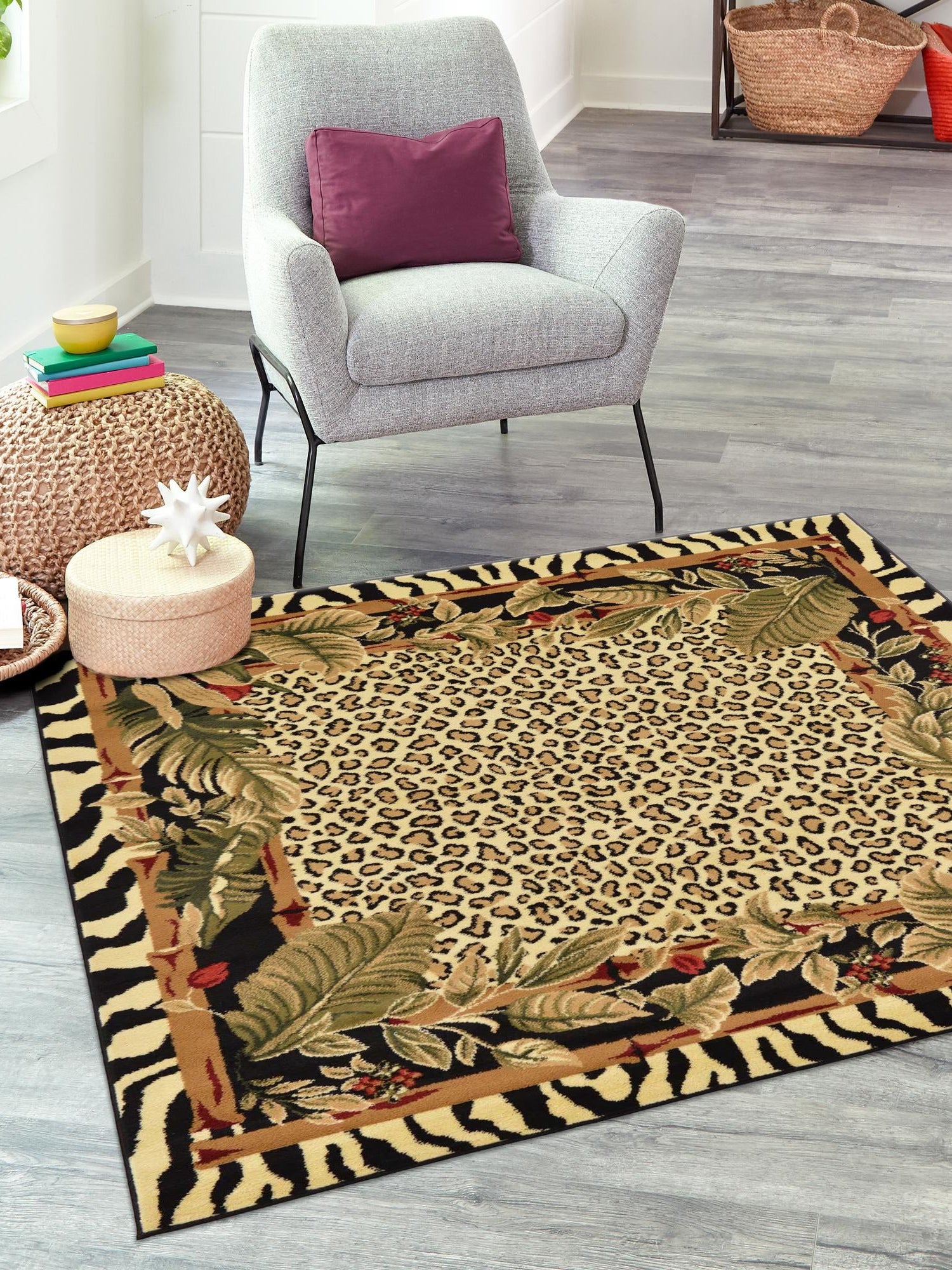 Cream 6' 1 x 6' 1 Wildlife Square Area Rug Animal Print Safari Jungle Inspired Carpet for Unique Modern Interior Design for Sale at Rug Engine