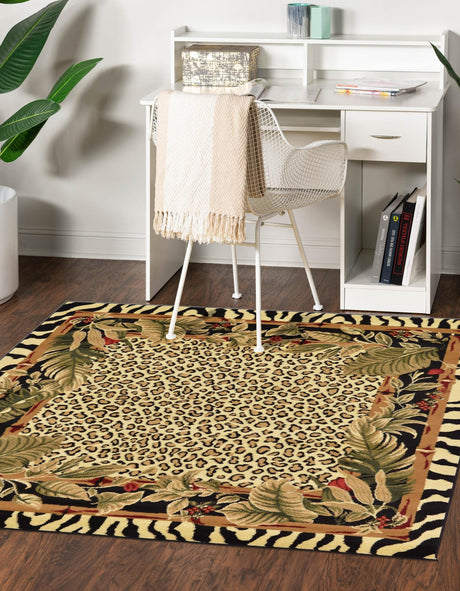 Cream 5' 3 x 5' 3 Wildlife Square Area Rug Animal Print Safari Jungle Inspired Carpet for Unique Modern Interior Design for Sale at Rug Engine