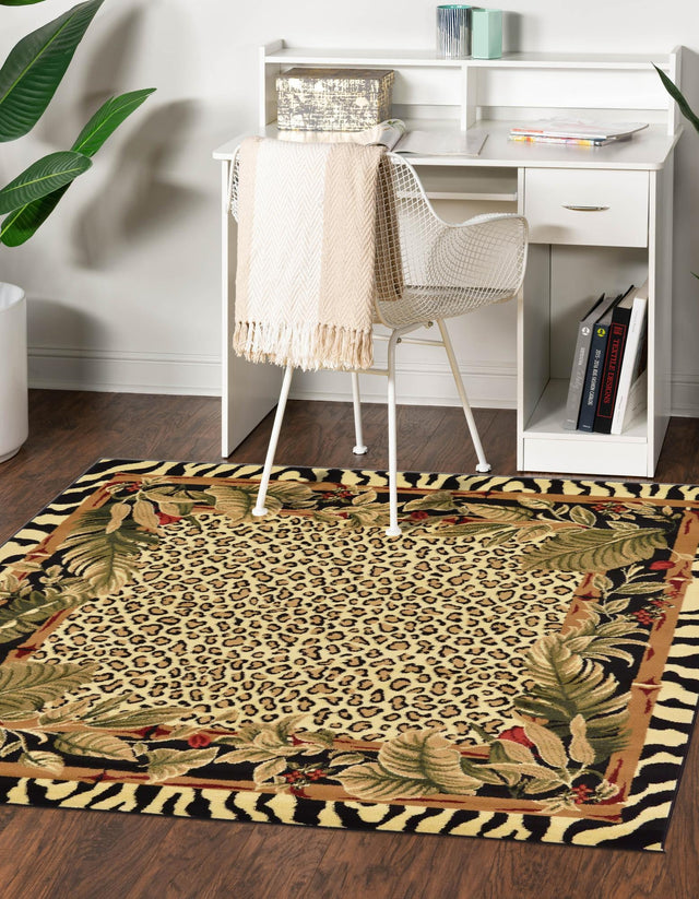 Cream 5' 3 x 5' 3 Wildlife Square Area Rug Animal Print Safari Jungle Inspired Carpet for Unique Modern Interior Design for Sale at Rug Engine