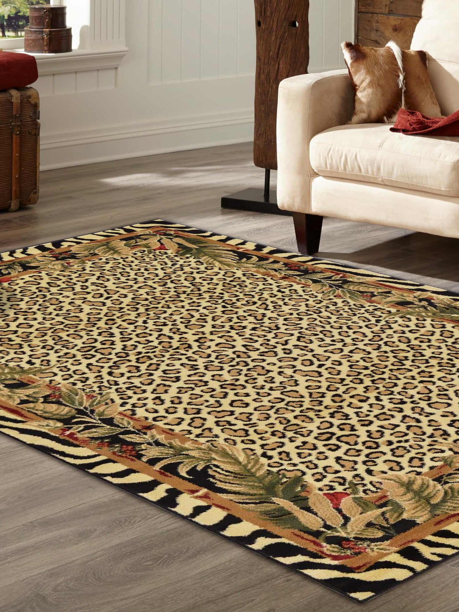Cream 5' 3 x 8' Wildlife Rectangle Area Rug Animal Print Safari Jungle Inspired Carpet for Unique Modern Interior Design for Sale at Rug Engine