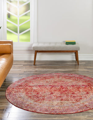 Red 6' 1 x 6' 1 Austin Round Area Rug 100% Polyester Durable Cotton Backing Living Dining Room Bedroom Office Vintage Decor Carpet for Sale at Rug Engine