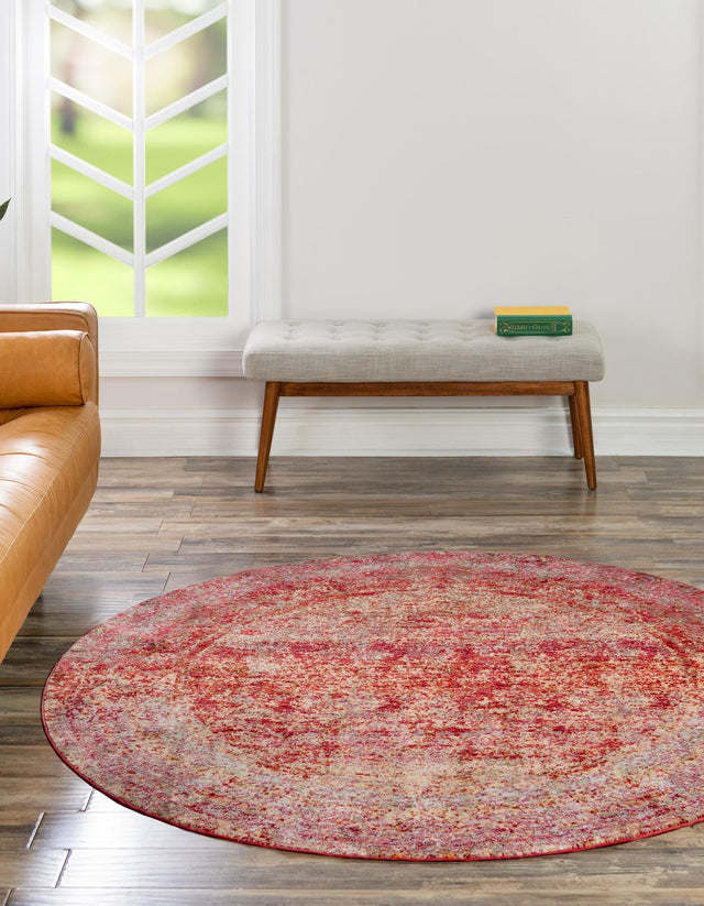 Red 6' 1 x 6' 1 Austin Round Area Rug 100% Polyester Durable Cotton Backing Living Dining Room Bedroom Office Vintage Decor Carpet for Sale at Rug Engine