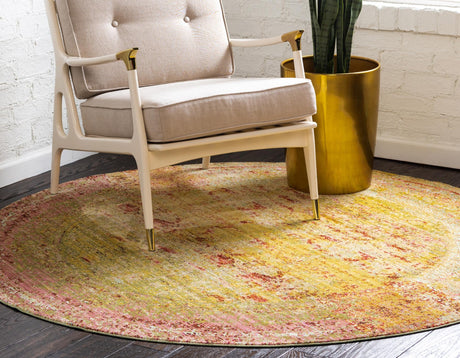 Yellow 6' 1 x 6' 1 Austin Round Area Rug 100% Polyester Durable Cotton Backing Living Dining Room Bedroom Office Vintage Decor Carpet for Sale at Rug Engine