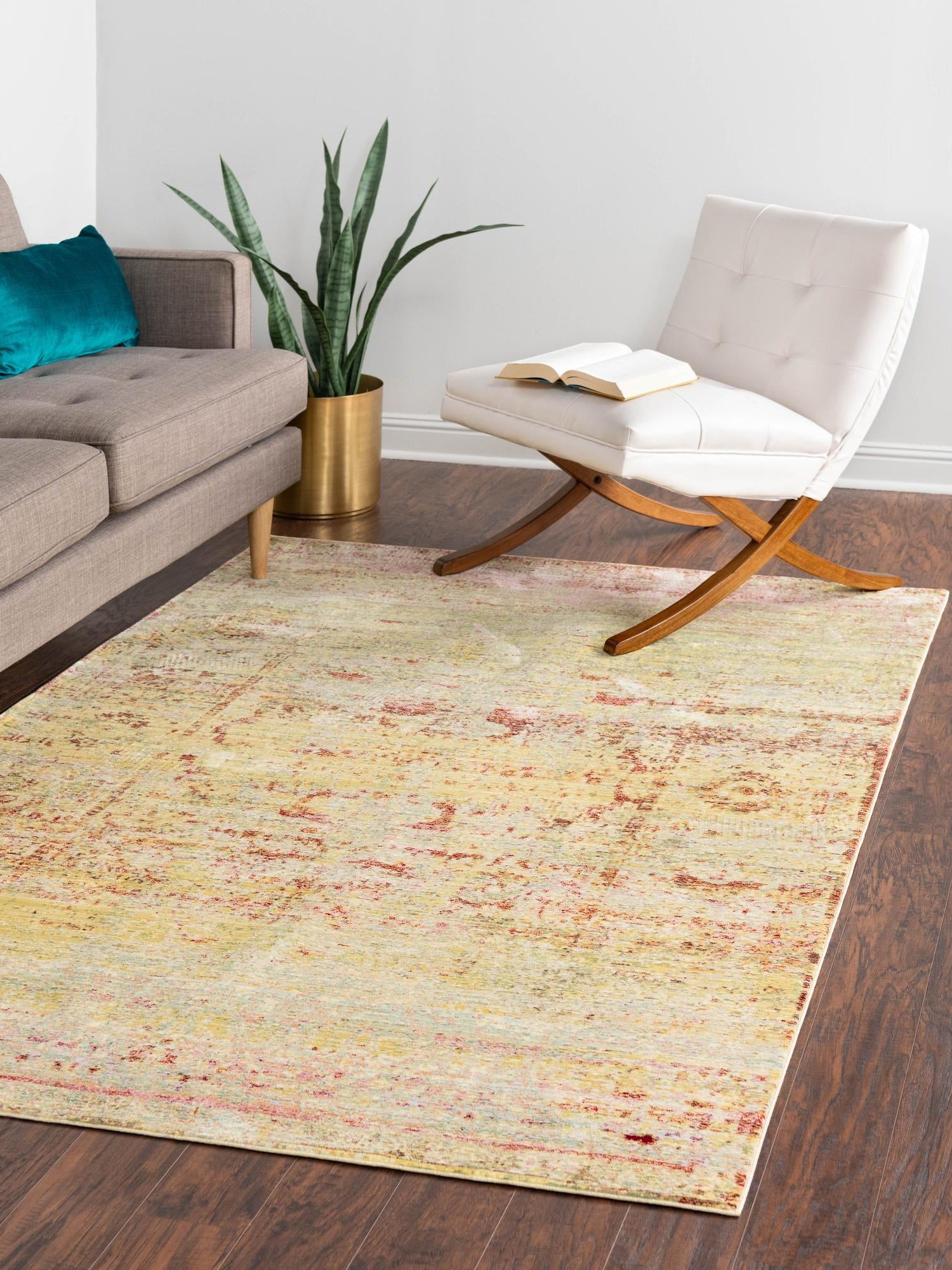 Yellow 7' 1 x 10' Austin Rectangle Area Rug 100% Polyester Durable Cotton Backing Living Dining Room Bedroom Office Vintage Decor Carpet for Sale at Rug Engine