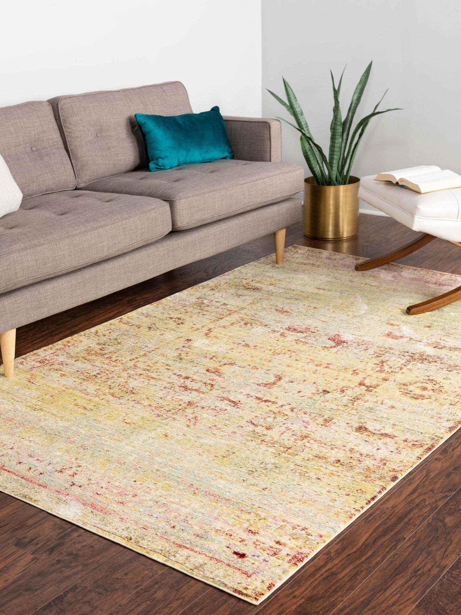 Yellow 5' 1 x 8' Austin Rectangle Area Rug 100% Polyester Durable Cotton Backing Living Dining Room Bedroom Office Vintage Decor Carpet for Sale at Rug Engine