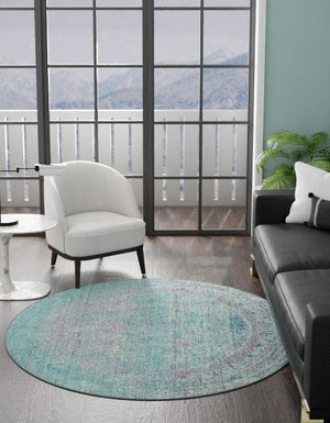 Light Blue 6' 1 x 6' 1 Austin Round Area Rug 100% Polyester Durable Cotton Backing Living Dining Room Bedroom Office Vintage Decor Carpet for Sale at Rug Engine