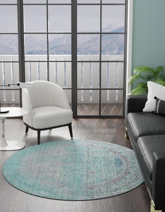 Light Blue 6' 1 x 6' 1 Austin Round Area Rug 100% Polyester Durable Cotton Backing Living Dining Room Bedroom Office Vintage Decor Carpet for Sale at Rug Engine