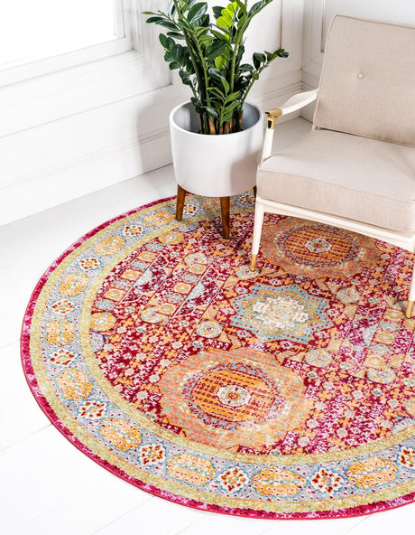 Beige 6' 1 x 6' 1 Austin Round Area Rug 100% Polyester Durable Cotton Backing Living Dining Room Bedroom Office Vintage Decor Carpet for Sale at Rug Engine