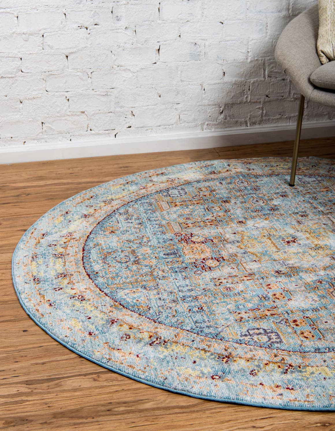 Light Blue 5' 3 x 5' 3 Austin Round Area Rug 100% Polyester Durable Cotton Backing Living Dining Room Bedroom Office Vintage Decor Carpet for Sale at Rug Engine