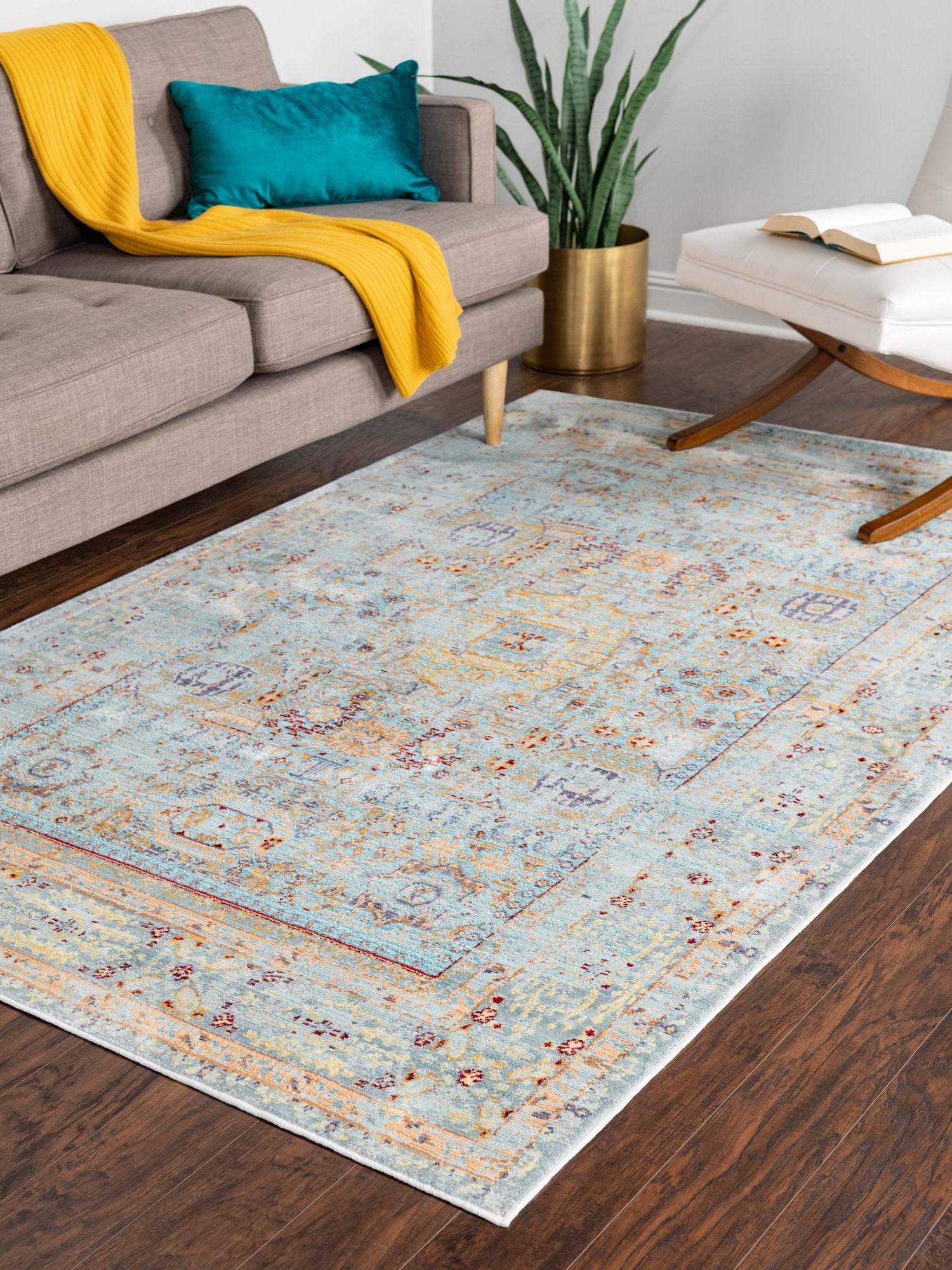 Light Blue 9' x 12' 2 Austin Rectangle Area Rug 100% Polyester Durable Cotton Backing Living Dining Room Bedroom Office Vintage Decor Carpet for Sale at Rug Engine