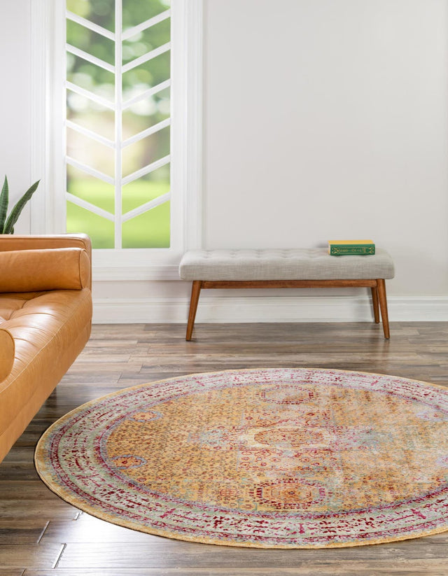 Gold 6' 1 x 6' 1 Austin Round Area Rug 100% Polyester Durable Cotton Backing Living Dining Room Bedroom Office Vintage Decor Carpet for Sale at Rug Engine