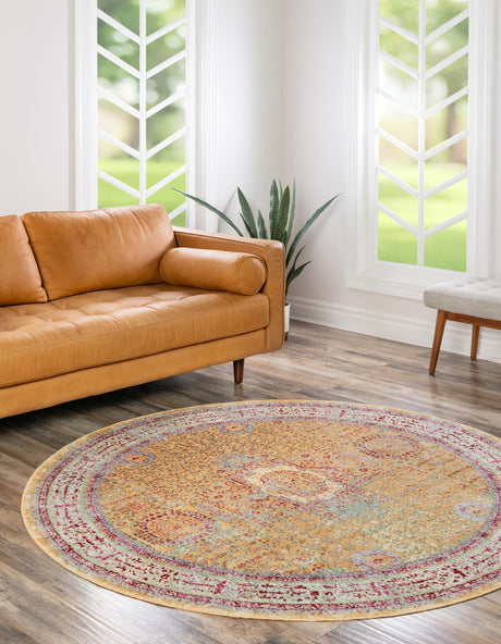 Gold 6' 1 x 6' 1 Austin Round Area Rug 100% Polyester Durable Cotton Backing Living Dining Room Bedroom Office Vintage Decor Carpet for Sale at Rug Engine