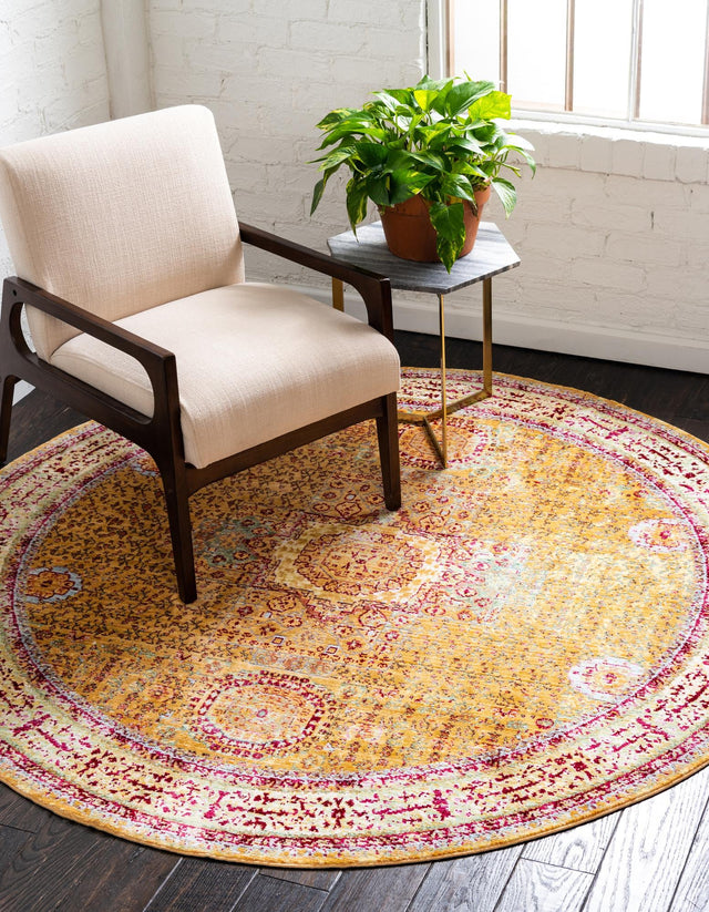 Gold 6' 1 x 6' 1 Austin Round Area Rug 100% Polyester Durable Cotton Backing Living Dining Room Bedroom Office Vintage Decor Carpet for Sale at Rug Engine