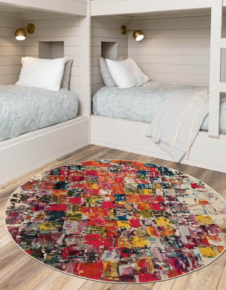 Multicolor 8' x 8' Estrella Round Area Rug 100% Polypropylene Non-Shedding Stain Resistant Carpet Colorful Modern Abstract Design Easy Clean for Home Decor for Sale at Rug Engine