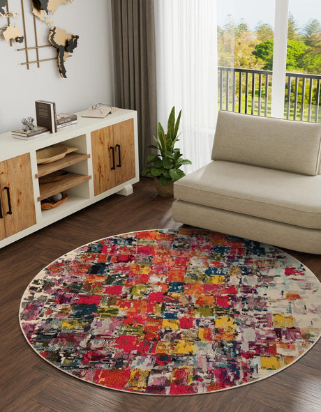 Multicolor 8' x 8' Estrella Round Area Rug 100% Polypropylene Non-Shedding Stain Resistant Carpet Colorful Modern Abstract Design Easy Clean for Home Decor for Sale at Rug Engine