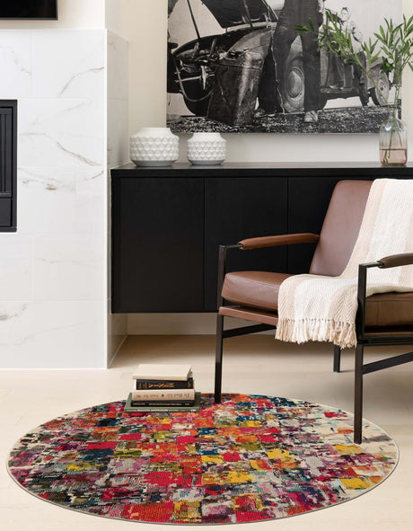 Multicolor 6' 1 x 6' 1 Estrella Round Area Rug 100% Polypropylene Non-Shedding Stain Resistant Carpet Colorful Modern Abstract Design Easy Clean for Home Decor for Sale at Rug Engine