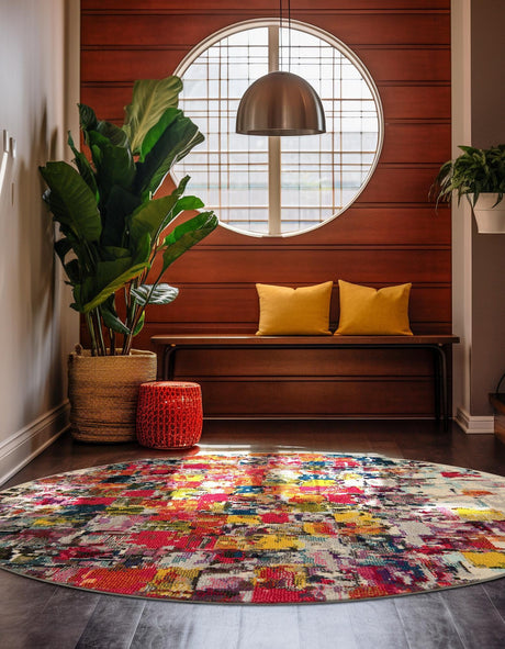 Multicolor 8' x 8' Estrella Round Area Rug 100% Polypropylene Non-Shedding Stain Resistant Carpet Colorful Modern Abstract Design Easy Clean for Home Decor for Sale at Rug Engine