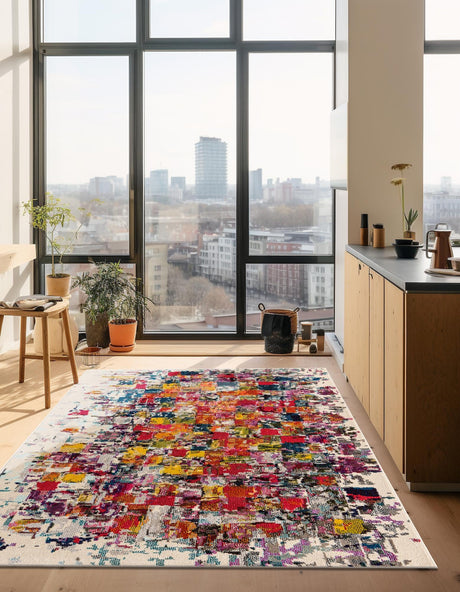 Multicolor 5' 1 x 8' Estrella Rectangle Area Rug 100% Polypropylene Non-Shedding Stain Resistant Carpet Colorful Modern Abstract Design Easy Clean for Home Decor for Sale at Rug Engine