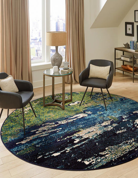Navy Blue 8' x 8' Estrella Round Area Rug 100% Polypropylene Non-Shedding Stain Resistant Carpet Colorful Modern Abstract Design Easy Clean for Home Decor for Sale at Rug Engine