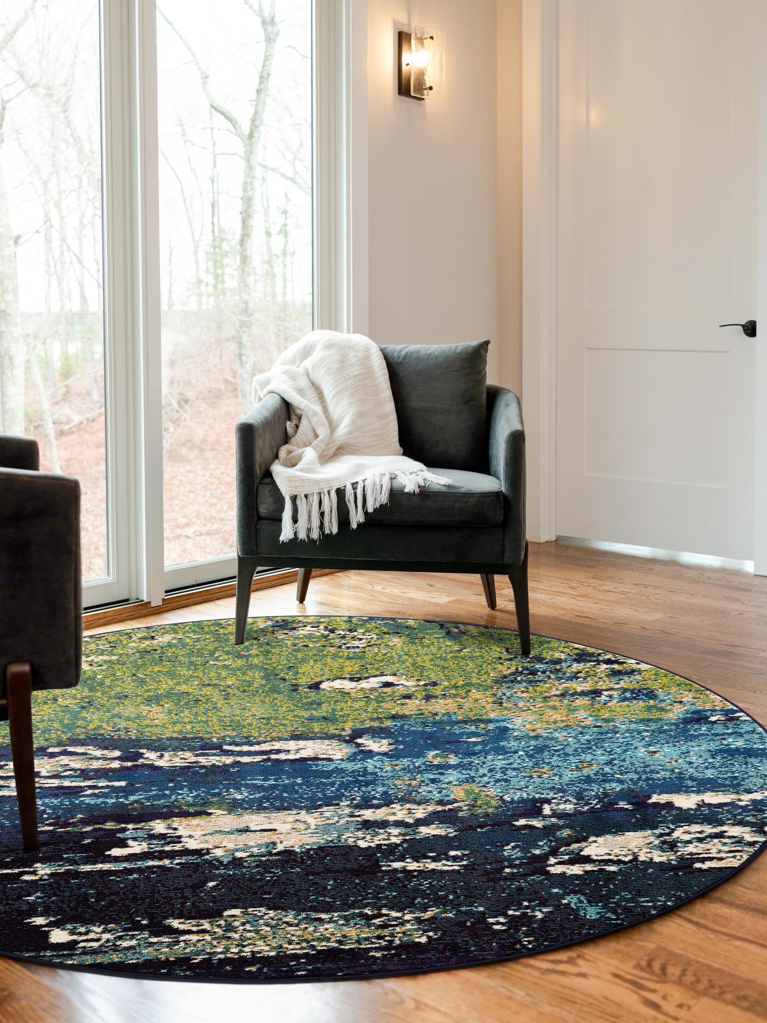 Navy Blue 8' x 8' Estrella Round Area Rug 100% Polypropylene Non-Shedding Stain Resistant Carpet Colorful Modern Abstract Design Easy Clean for Home Decor for Sale at Rug Engine