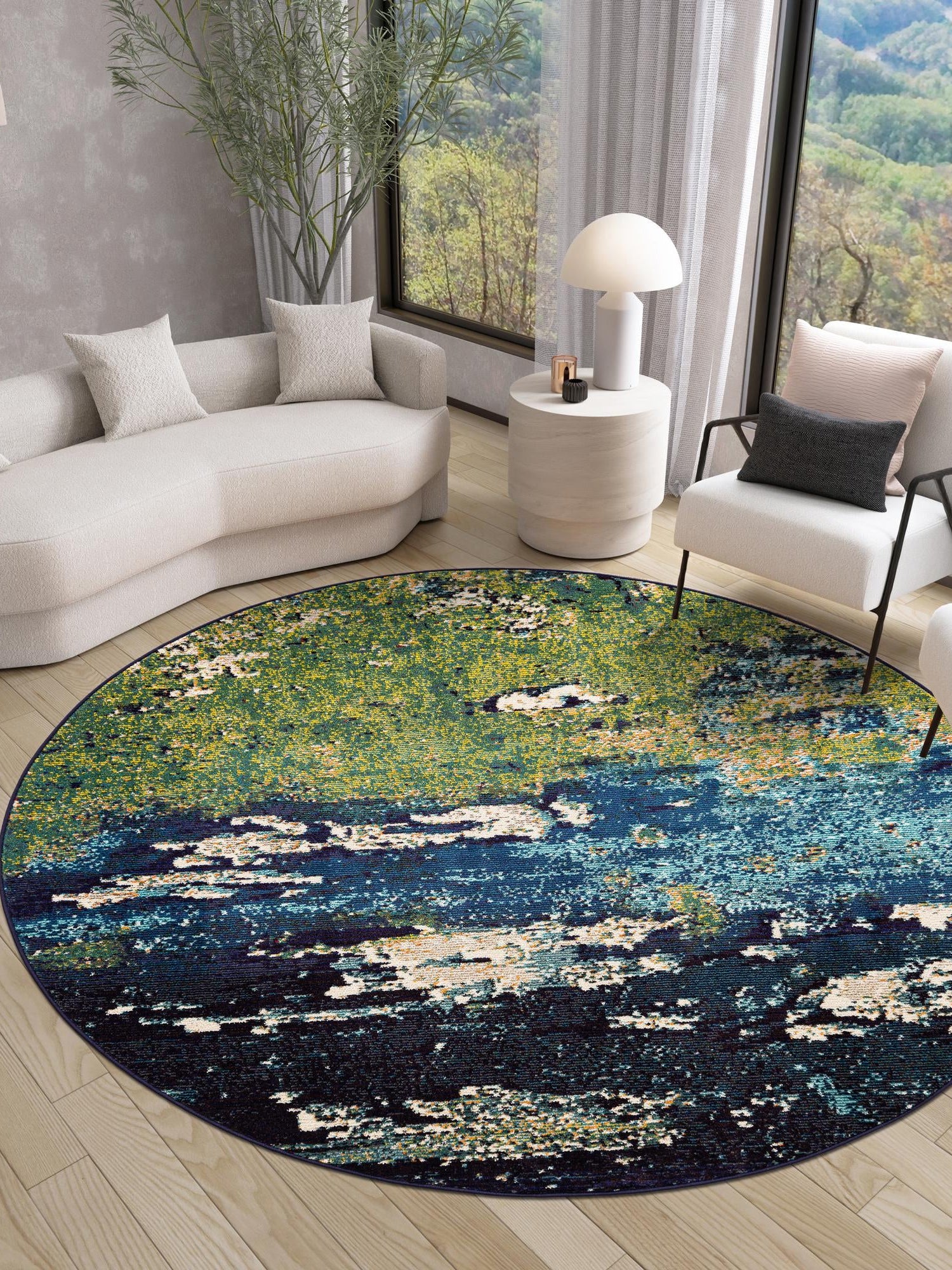 Navy Blue 8' x 8' Estrella Round Area Rug 100% Polypropylene Non-Shedding Stain Resistant Carpet Colorful Modern Abstract Design Easy Clean for Home Decor for Sale at Rug Engine