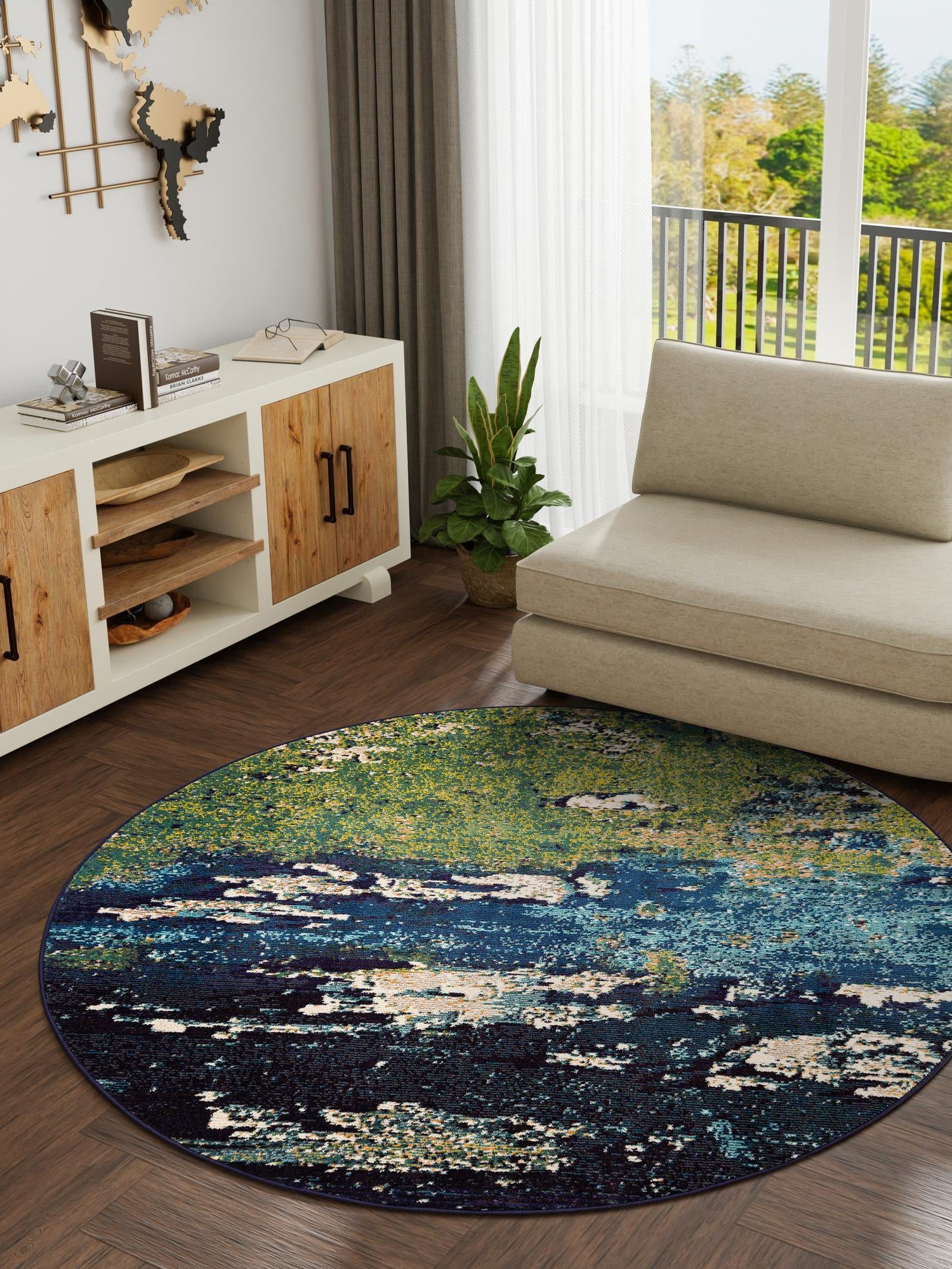 Navy Blue 8' x 8' Estrella Round Area Rug 100% Polypropylene Non-Shedding Stain Resistant Carpet Colorful Modern Abstract Design Easy Clean for Home Decor for Sale at Rug Engine