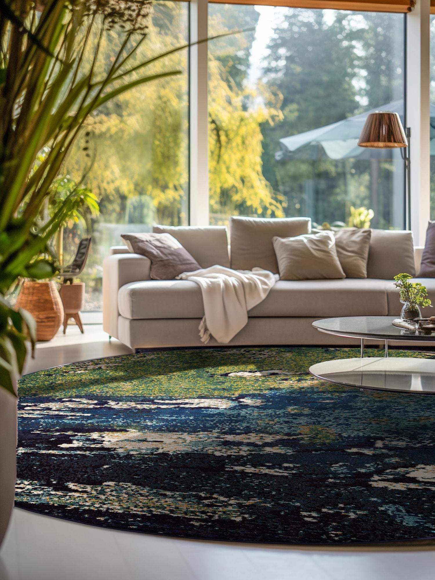 Navy Blue 8' x 8' Estrella Round Area Rug 100% Polypropylene Non-Shedding Stain Resistant Carpet Colorful Modern Abstract Design Easy Clean for Home Decor for Sale at Rug Engine