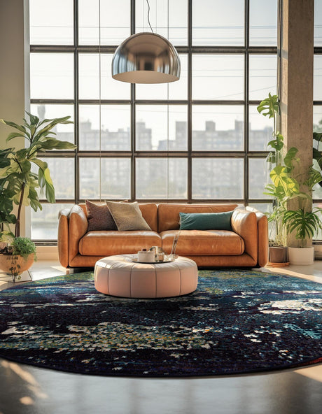 Navy Blue 8' x 8' Estrella Round Area Rug 100% Polypropylene Non-Shedding Stain Resistant Carpet Colorful Modern Abstract Design Easy Clean for Home Decor for Sale at Rug Engine