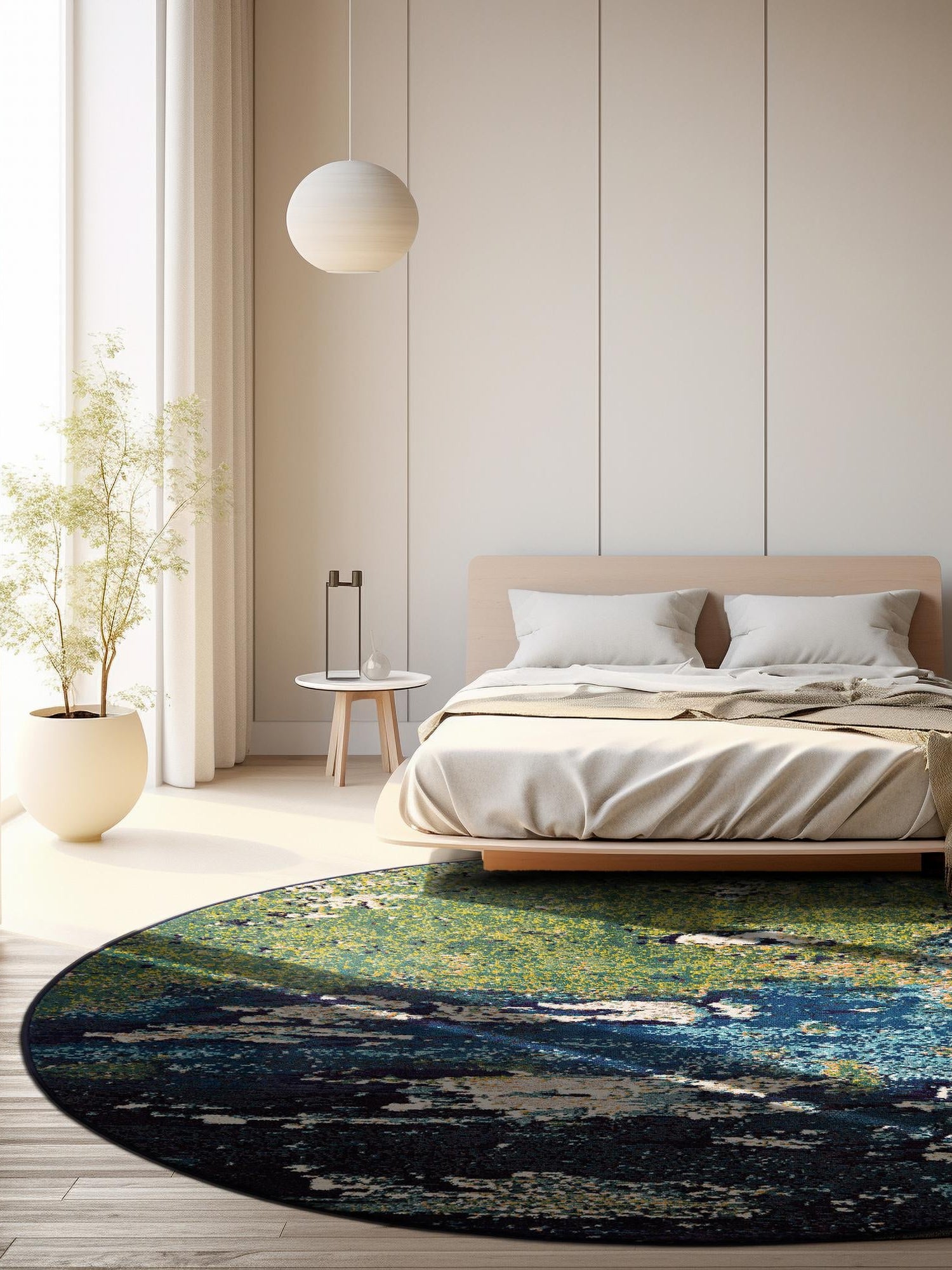 Navy Blue 8' x 8' Estrella Round Area Rug 100% Polypropylene Non-Shedding Stain Resistant Carpet Colorful Modern Abstract Design Easy Clean for Home Decor for Sale at Rug Engine