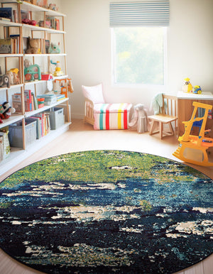 Navy Blue 6' 1 x 6' 1 Estrella Round Area Rug 100% Polypropylene Non-Shedding Stain Resistant Carpet Colorful Modern Abstract Design Easy Clean for Home Decor for Sale at Rug Engine