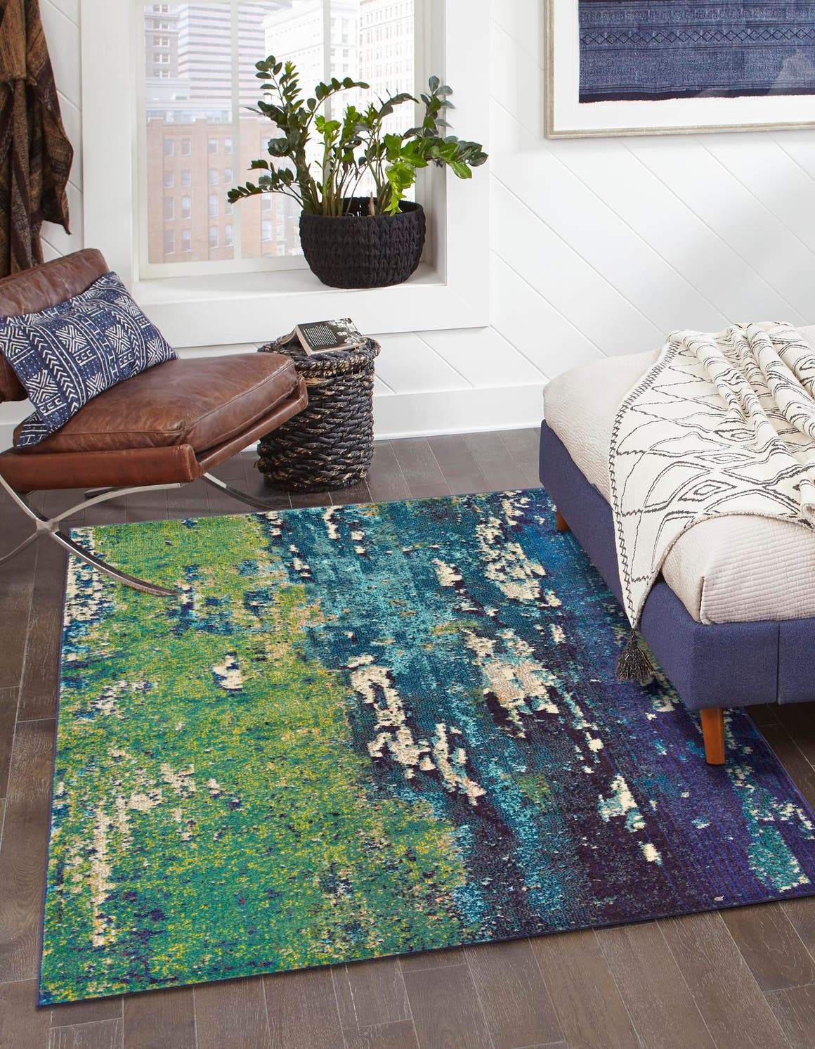 Navy Blue 7' 1 x 10' Estrella Rectangle Area Rug 100% Polypropylene Non-Shedding Stain Resistant Carpet Colorful Modern Abstract Design Easy Clean for Home Decor for Sale at Rug Engine